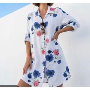 New Collection Linen Floral Tunic Shirt Dress White Blue Pink Rose Pockets L